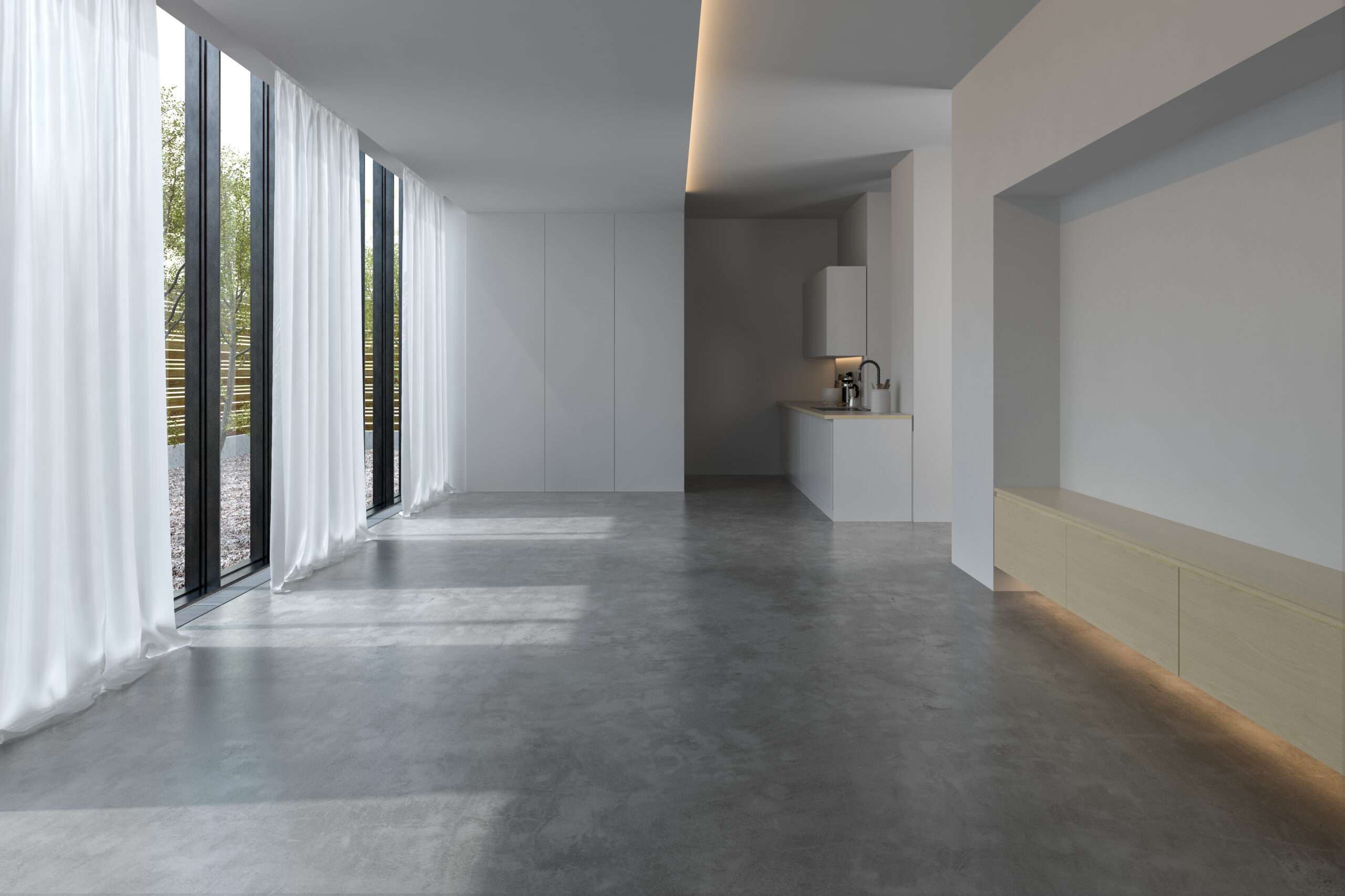 A modern, minimalistic room with large windows, sheer white curtains, concrete floor, built-in cabinets, and a small kitchen area. - Floor Coating Specialist - Bradenton, FL